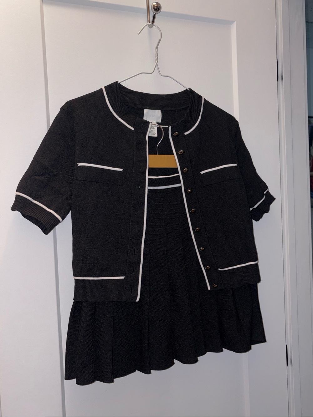 H&M Black Knit Button-Front Cardigan & Pleated Skirt Set with White Trim